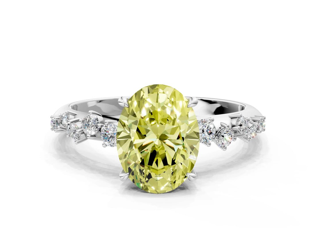 White gold Fancy Yellow Oval Cut Diamond Cluster Side Stone Solitaire Ring with Prong Setting_91