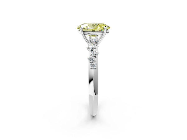 White gold Fancy Yellow Oval Cut Diamond Cluster Side Stone Solitaire Ring with Prong Setting