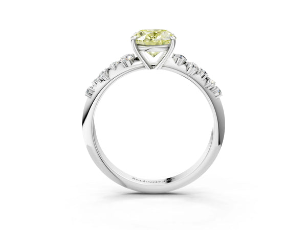 White gold Fancy Yellow Oval Cut Diamond Cluster Side Stone Solitaire Ring with Prong Setting