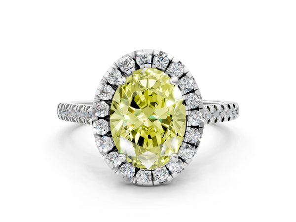 Platinum Fancy Yellow Oval Cut Diamond Cushion Halo Ring with Pavé Band
