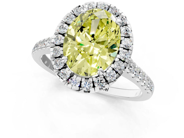 Platinum Fancy Yellow Oval Cut Diamond Cushion Halo Ring with Pavé Band
