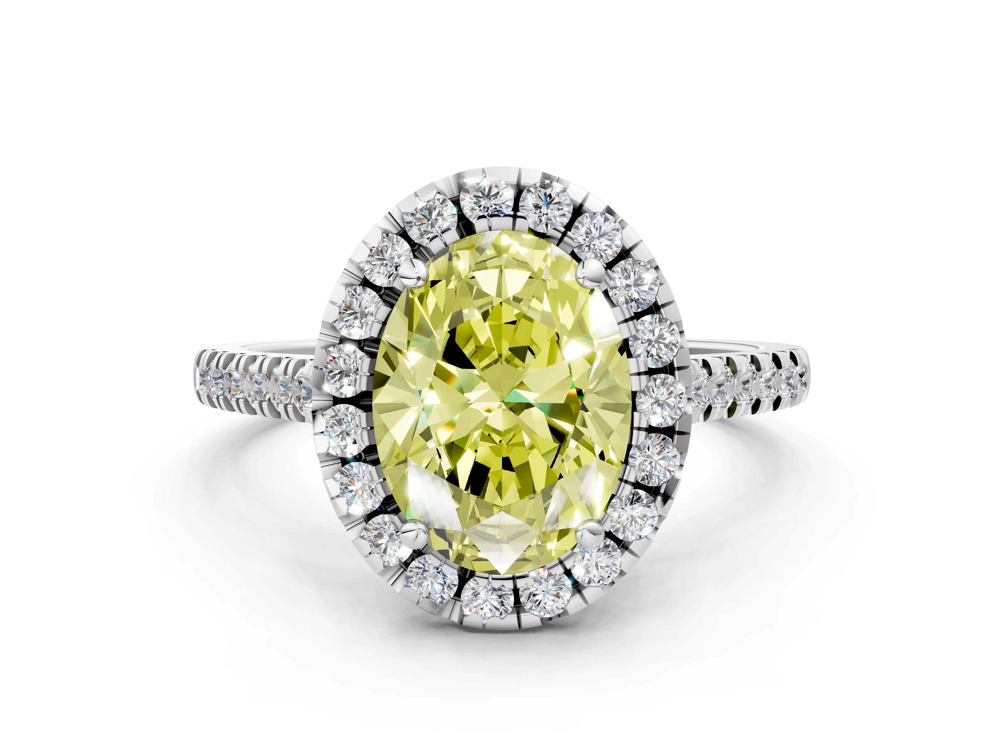 White gold Fancy Yellow Oval Cut Diamond Cushion Halo Ring with Pavé Band_13