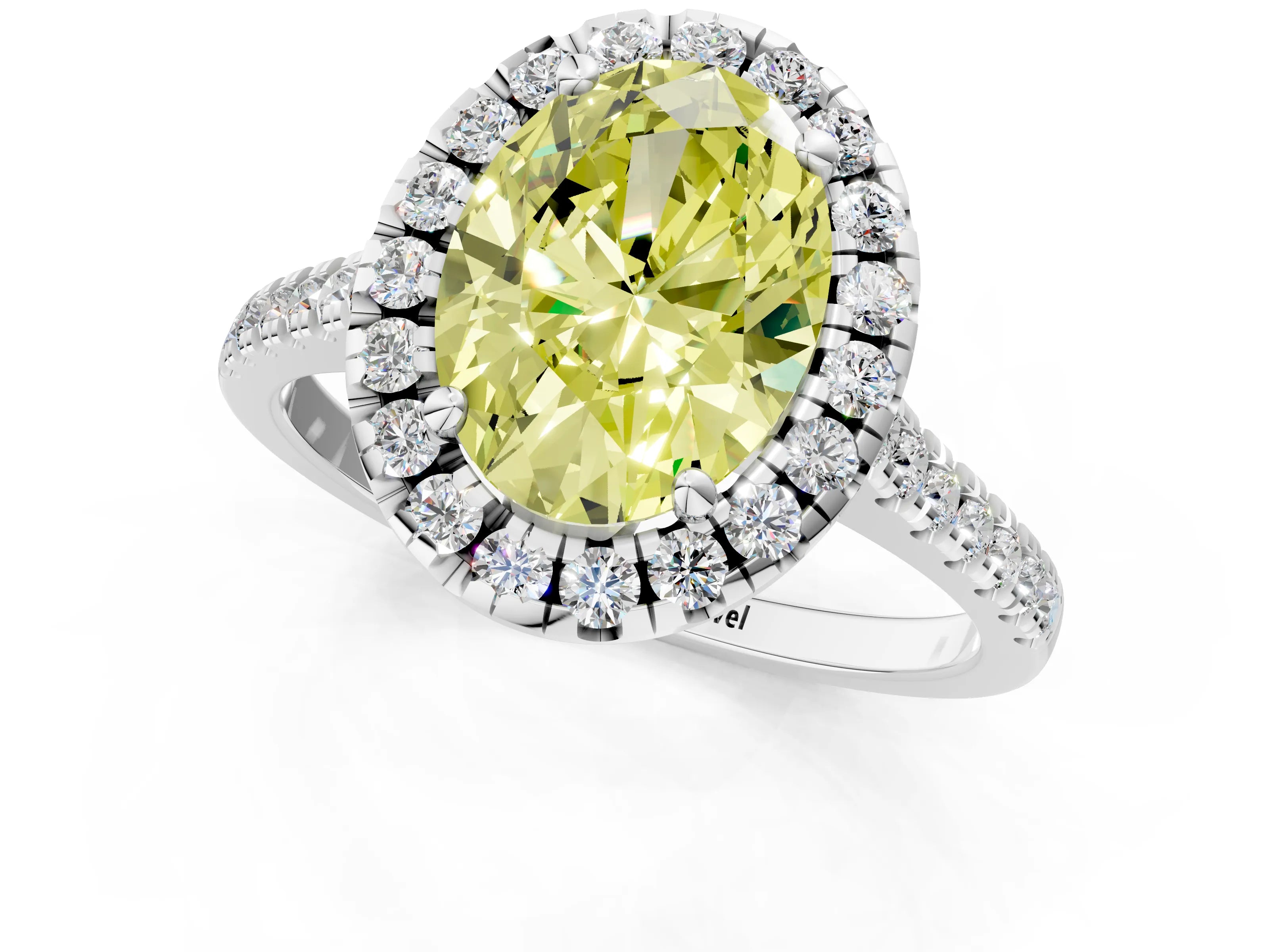 White gold Fancy Yellow Oval Cut Diamond Cushion Halo Ring with Pavé Band_14