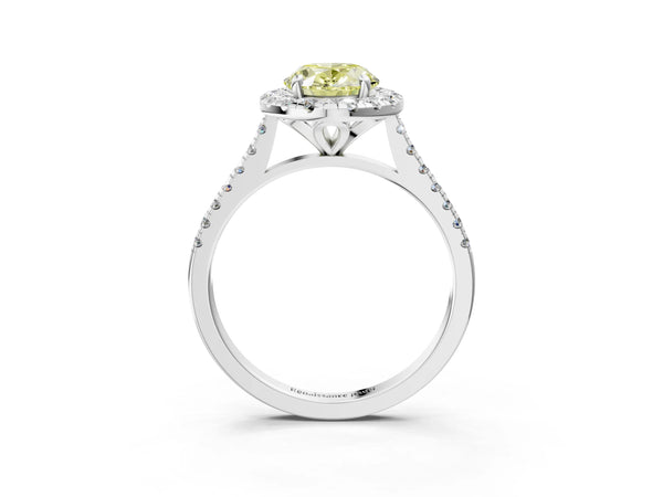 Platinum Fancy Yellow Oval Cut Diamond Cushion Halo Ring with Pavé Band