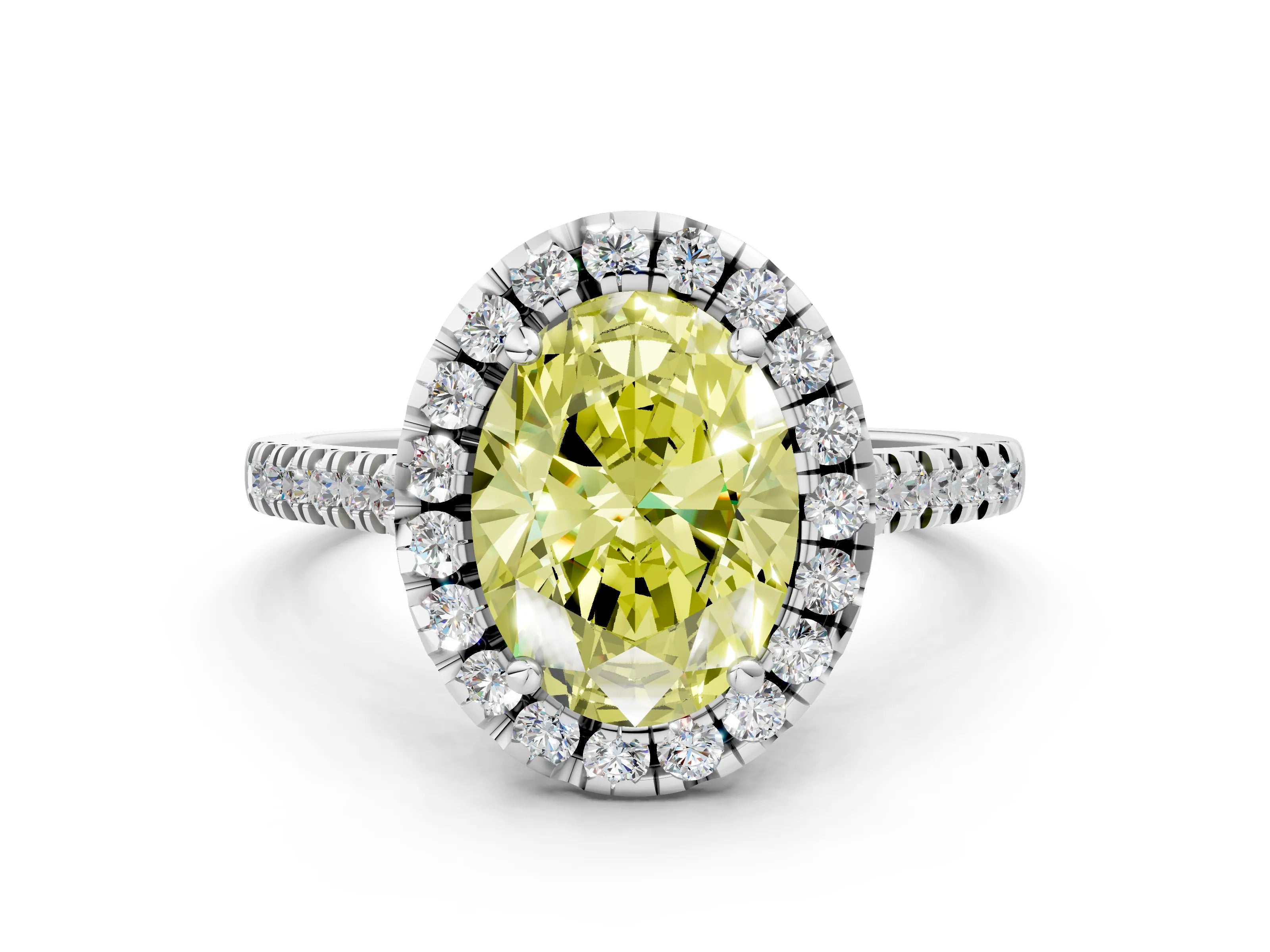 White gold Fancy Yellow Oval Cut Diamond Cushion Halo Ring with Pavé Band