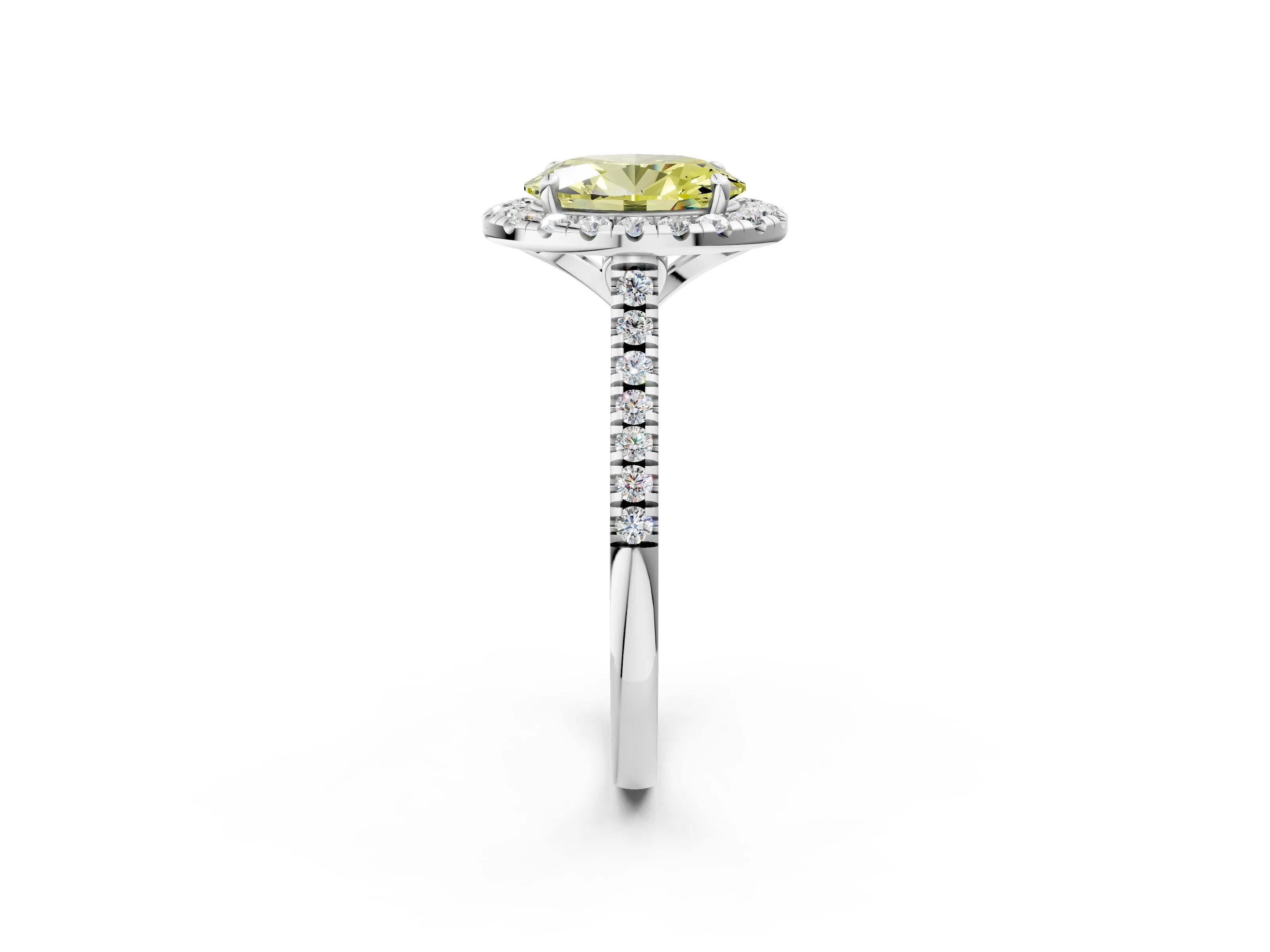 White gold Fancy Yellow Oval Cut Diamond Cushion Halo Ring with Pavé Band_26