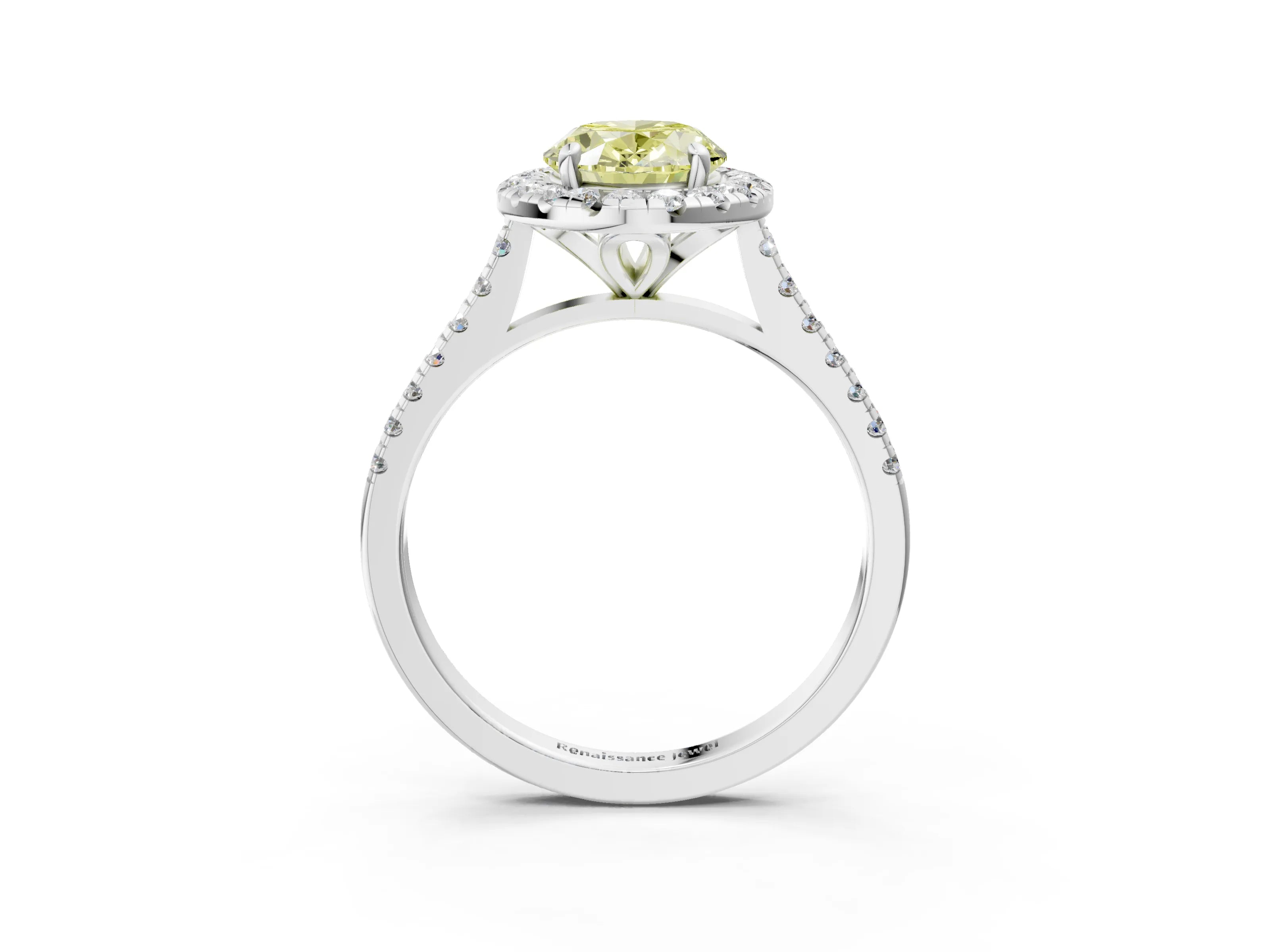 White gold Fancy Yellow Oval Cut Diamond Cushion Halo Ring with Pavé Band_3