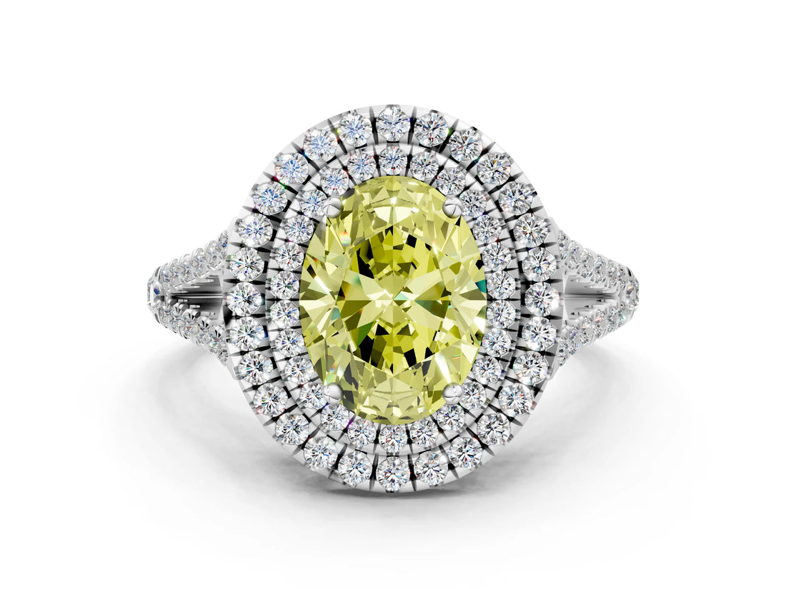 White gold Fancy Yellow Oval Cut Diamond Double Halo Ring with Pavé Band and Prong Setting_145