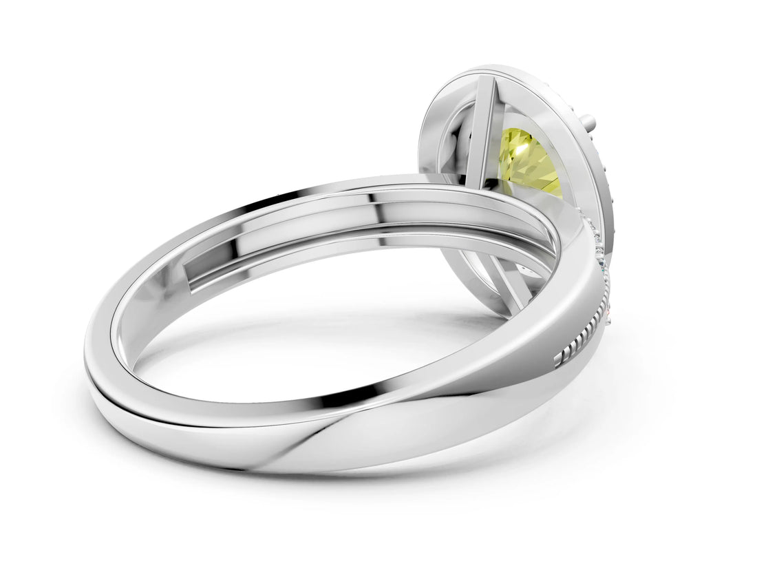 White gold Fancy Yellow Oval Cut Diamond Double Halo Ring with Split Shank and Four-Prong Setting