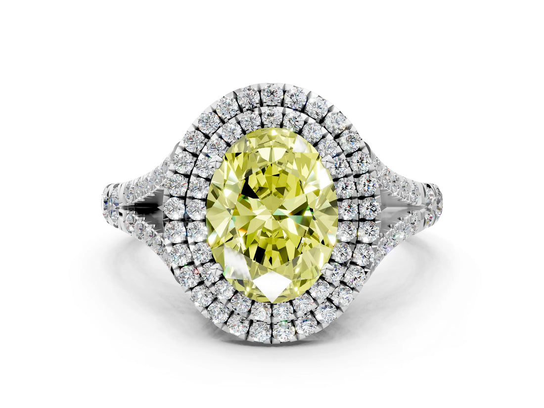 White gold Fancy Yellow Oval Cut Diamond Double Halo Ring with Split Shank and Prong Setting_27