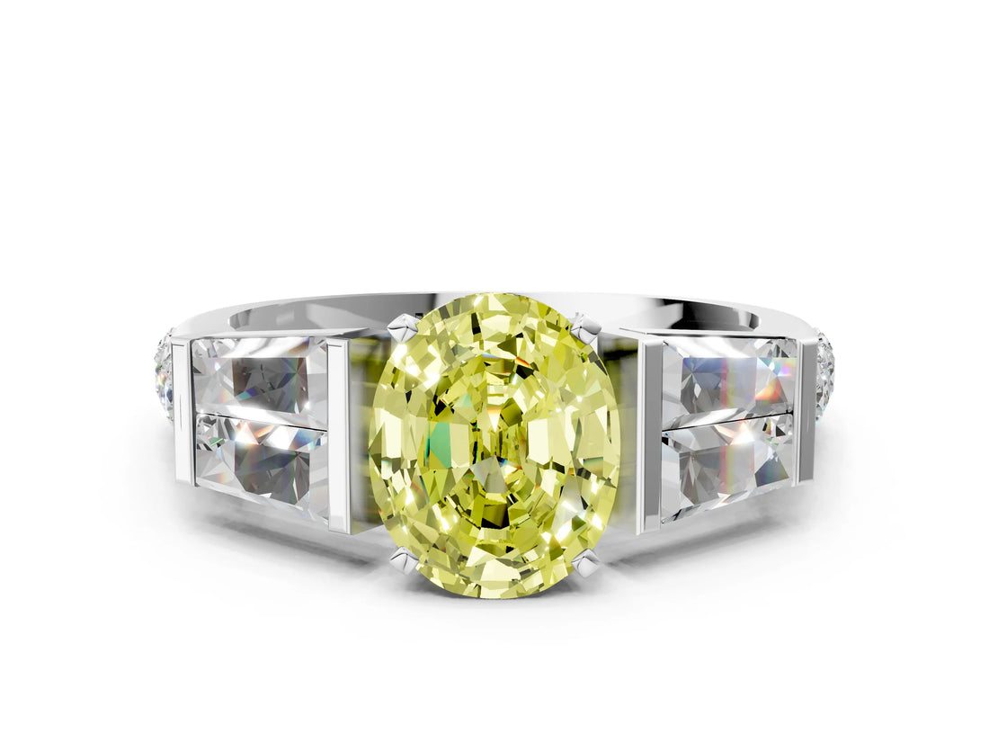 White gold Fancy Yellow Oval Cut Diamond Engagement Ring with Baguette Side Stones and Channel Set Band_32