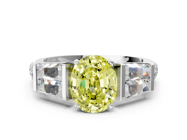 White gold Fancy Yellow Oval Cut Diamond Engagement Ring with Baguette Side Stones and Channel Set Band