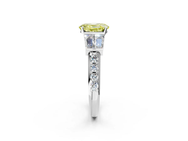 White gold Fancy Yellow Oval Cut Diamond Engagement Ring with Baguette Side Stones and Channel Set Band