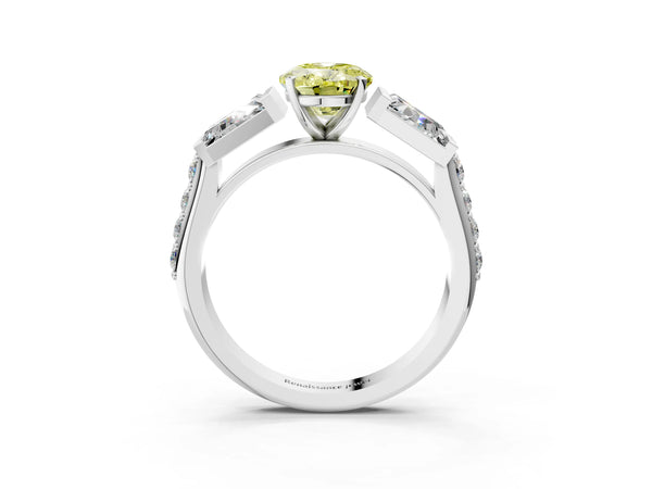 White gold Fancy Yellow Oval Cut Diamond Engagement Ring with Baguette Side Stones and Channel Set Band