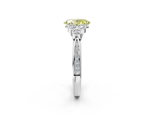 White Gold Oval Engagement Ring Setting for Fancy Yellow Center with Bezel-Set Shoulder Clusters