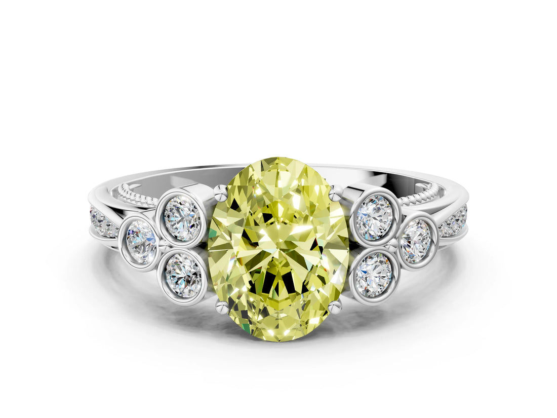 White gold Fancy Yellow Oval  Cut Diamond Engagement Ring with Bezel Set Round Side Stones and Prong Setting_89
