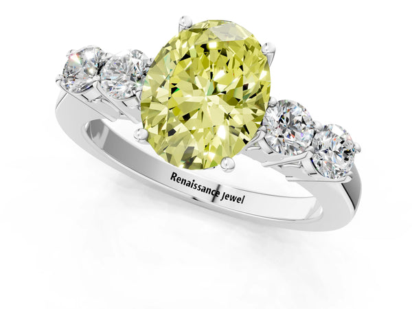 Platinum Fancy Yellow Oval  Cut Diamond Five-Stone Prong Set White Gold Ring