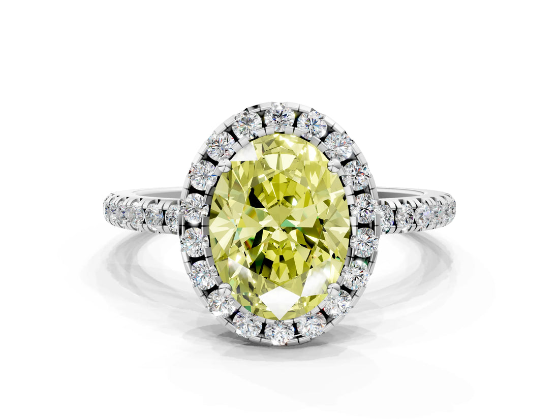 White gold Fancy Yellow Oval  Cut Diamond Floral Halo Engagement Ring with Pavé Band and Prong Setting_37