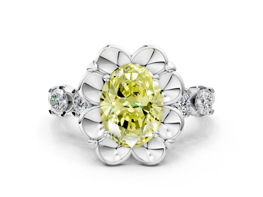 White gold Fancy Yellow Oval  Cut Diamond Floral Halo Engagement Ring with Shared Prong Setting 1