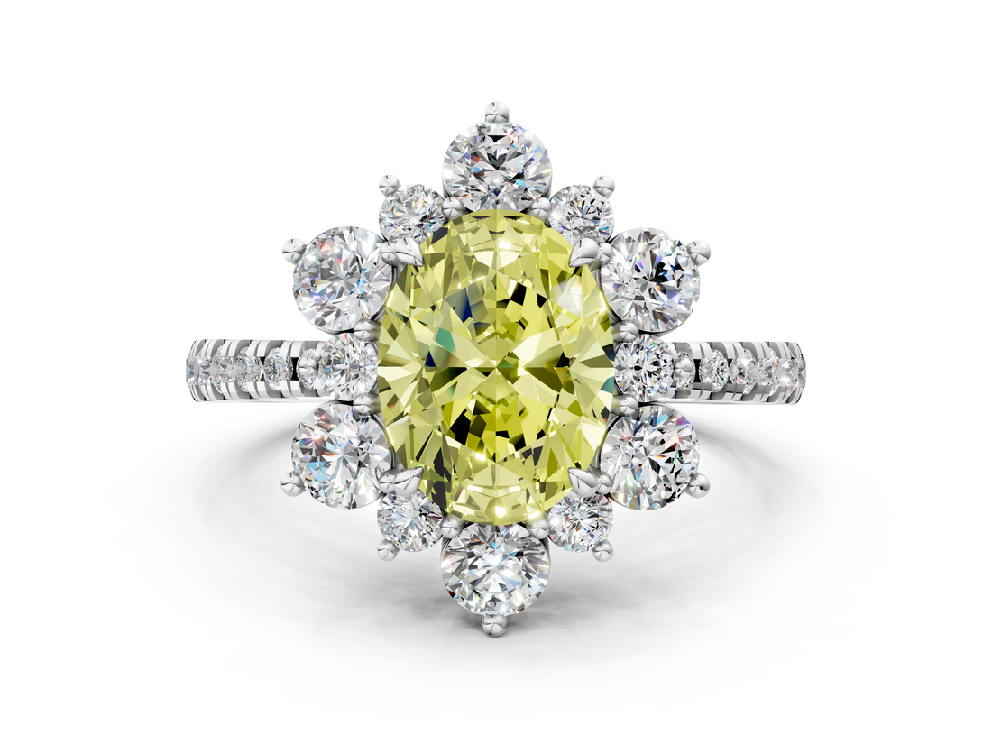White gold Fancy Yellow Oval  Cut Diamond Floral Halo Pave Band with Prong Setting_37