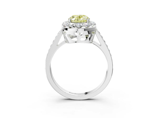 White gold Fancy Yellow Oval Cut Diamond Floral Halo Ring with Pavé Band and Prong Setting
