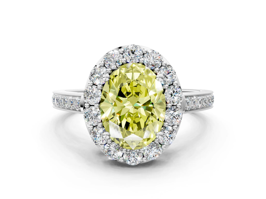 White gold Fancy Yellow Oval Cut Diamond Floral Halo Ring with Pavé Band and Prong Setting_7