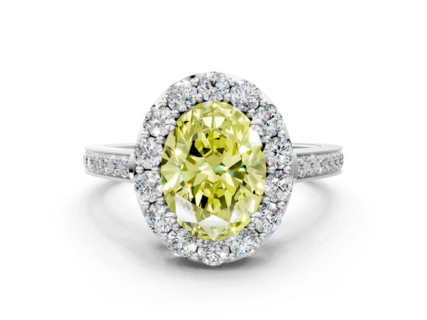 White gold Fancy Yellow Oval Cut Diamond Floral Halo Ring with Pavé Band and Prong Setting