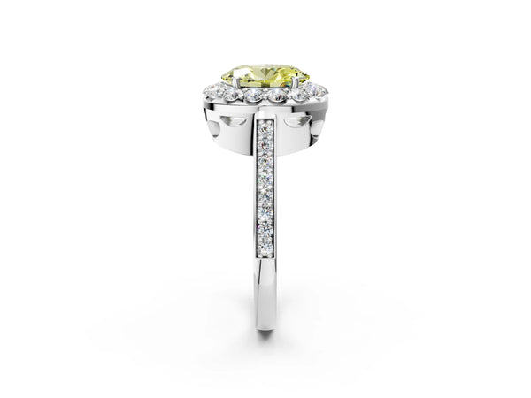 White gold Fancy Yellow Oval Cut Diamond Floral Halo Ring with Pavé Band and Prong Setting