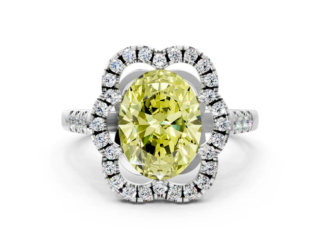 White gold Fancy Yellow Oval Cut Diamond Floral Halo Split Shank Prong Setting Ring