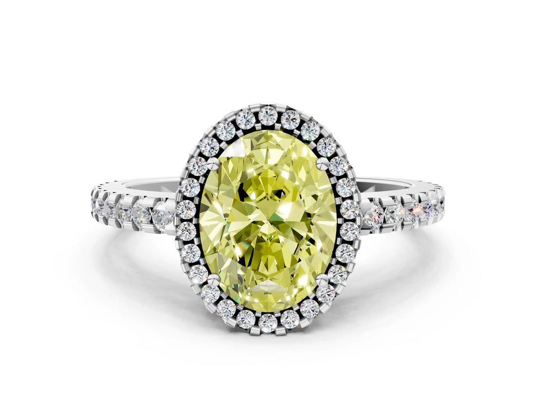 White gold Fancy Yellow Oval Cut Diamond Halo Engagement Ring with Pavé Band and Prong Setting_39