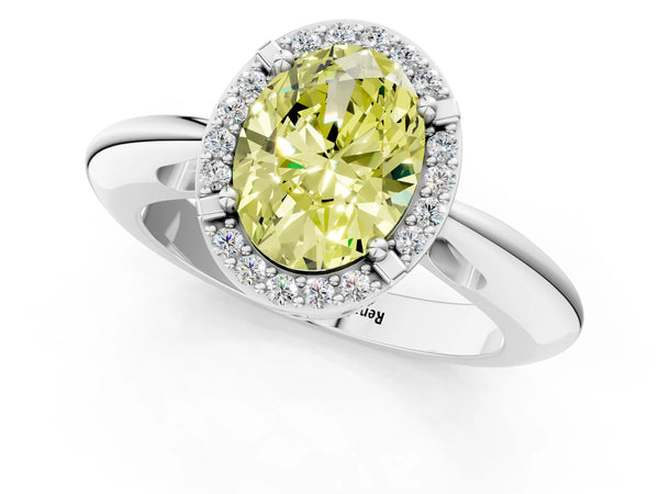 Platinum Fancy Yellow Oval  Cut Diamond Halo Engagement Ring with Split Shank and Four-Prong Setting