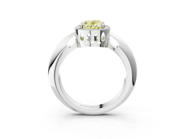 Platinum Fancy Yellow Oval  Cut Diamond Halo Engagement Ring with Split Shank and Four-Prong Setting