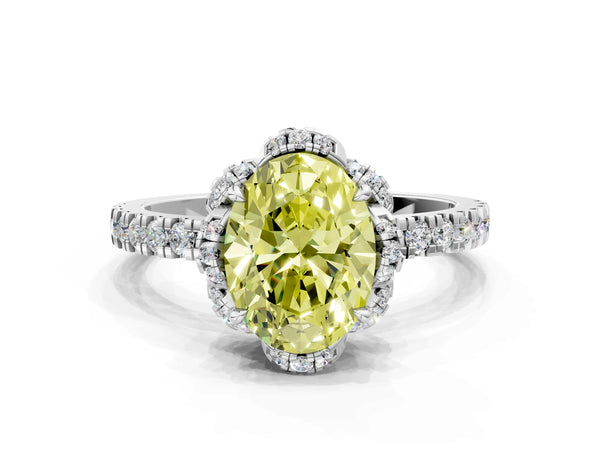 White gold Fancy Yellow Oval Cut Diamond Halo Pave Band with Four-Prong Setting
