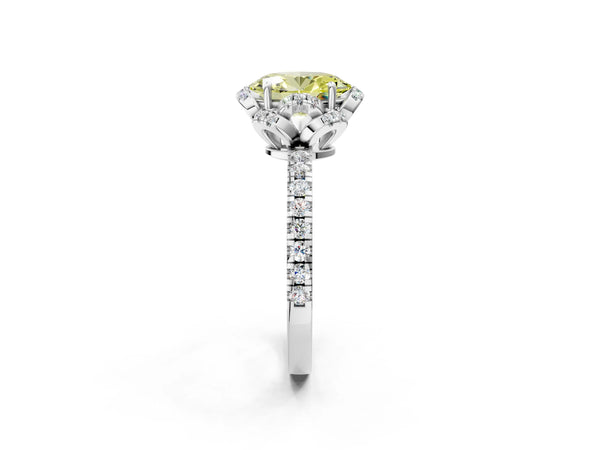 White gold Fancy Yellow Oval Cut Diamond Halo Pave Band with Four-Prong Setting