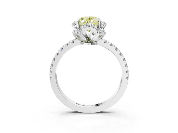 White gold Fancy Yellow Oval Cut Diamond Halo Pave Band with Four-Prong Setting