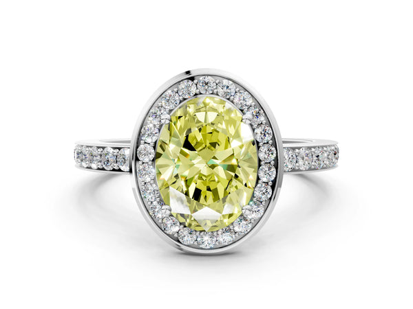 Platinum Oval Pave Bezel-Rim Halo Engagement Ring Setting for Fancy Yellow Center