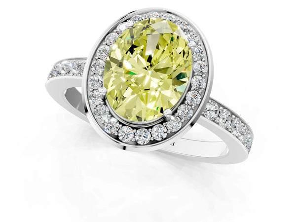 Platinum Oval Pave Bezel-Rim Halo Engagement Ring Setting for Fancy Yellow Center