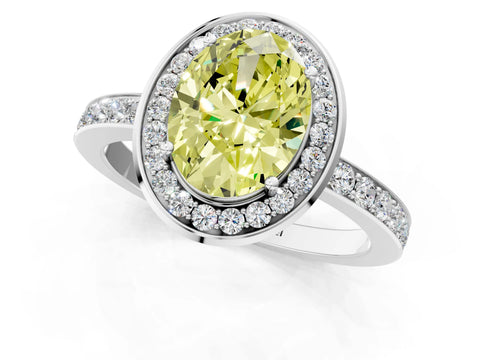 White gold Fancy Yellow Oval Cut Diamond Halo Ring with Bezel Frame and Pavé Band_1