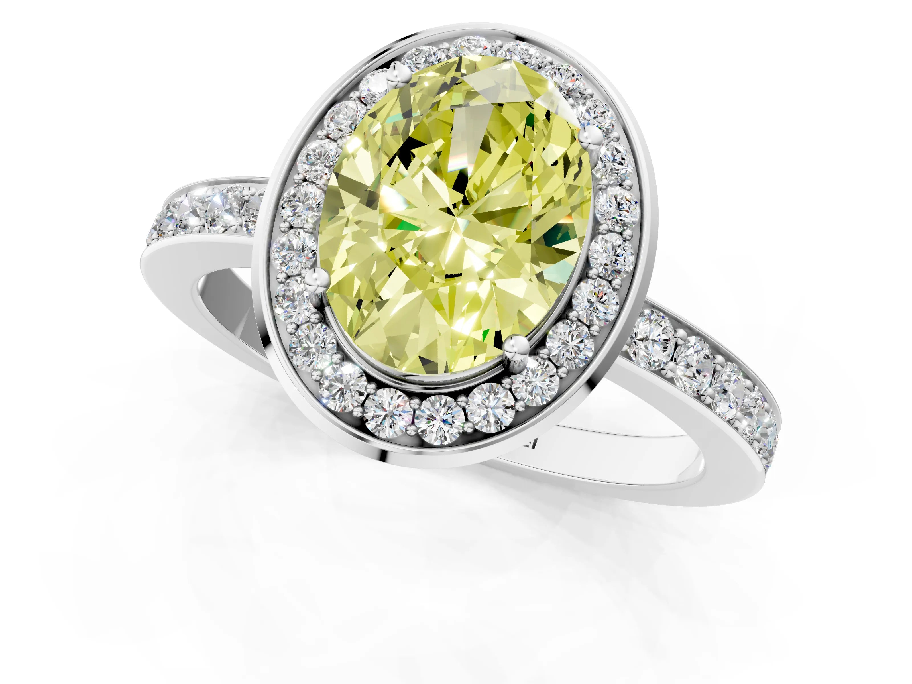 White gold Fancy Yellow Oval Cut Diamond Halo Ring with Bezel Frame and Pavé Band_1