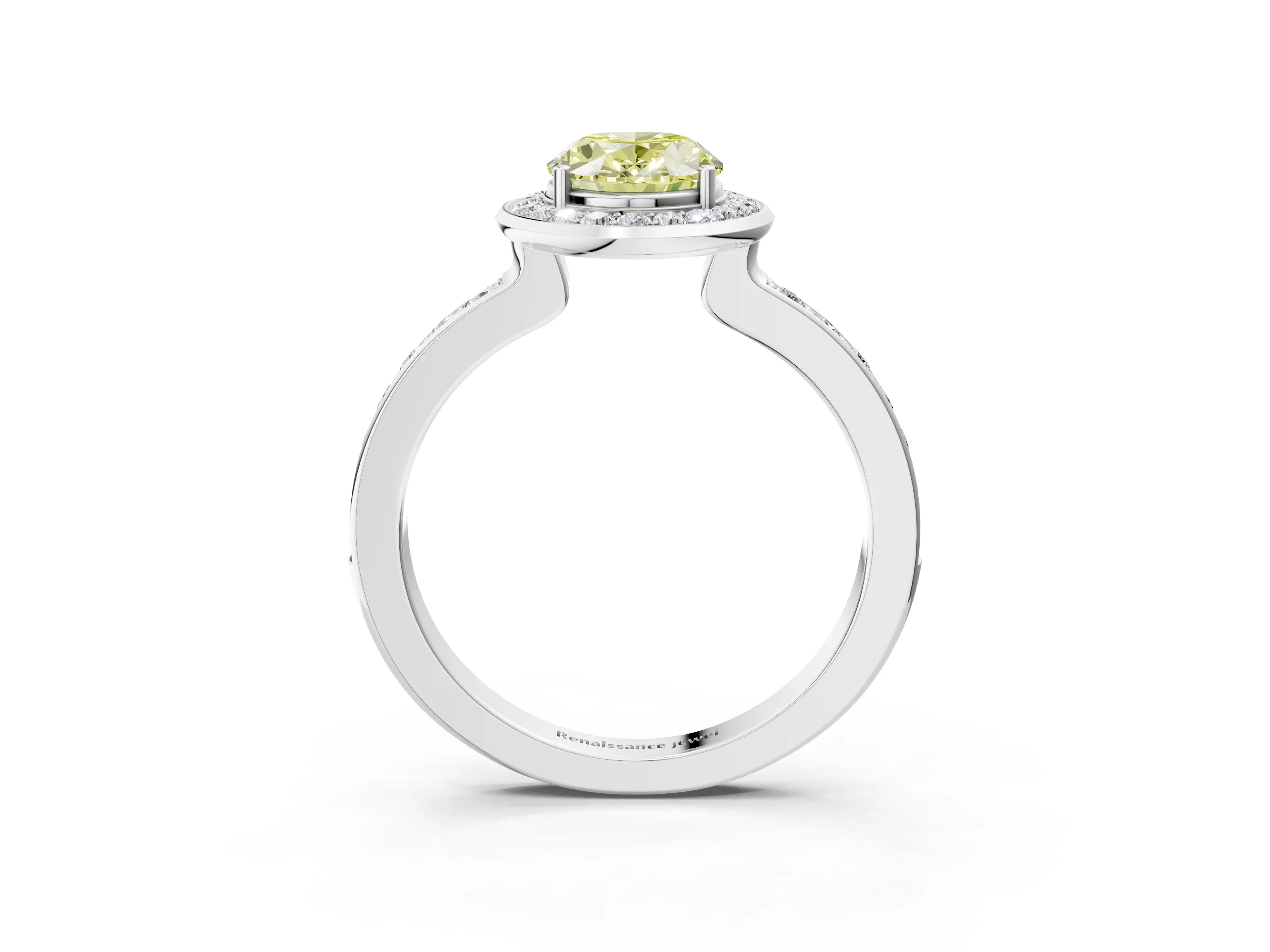 White gold Fancy Yellow Oval Cut Diamond Halo Ring with Bezel Frame and Pavé Band_3
