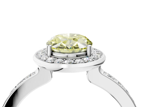 White gold Fancy Yellow Oval Cut Diamond Halo Ring with Bezel Frame and Pavé Band_4
