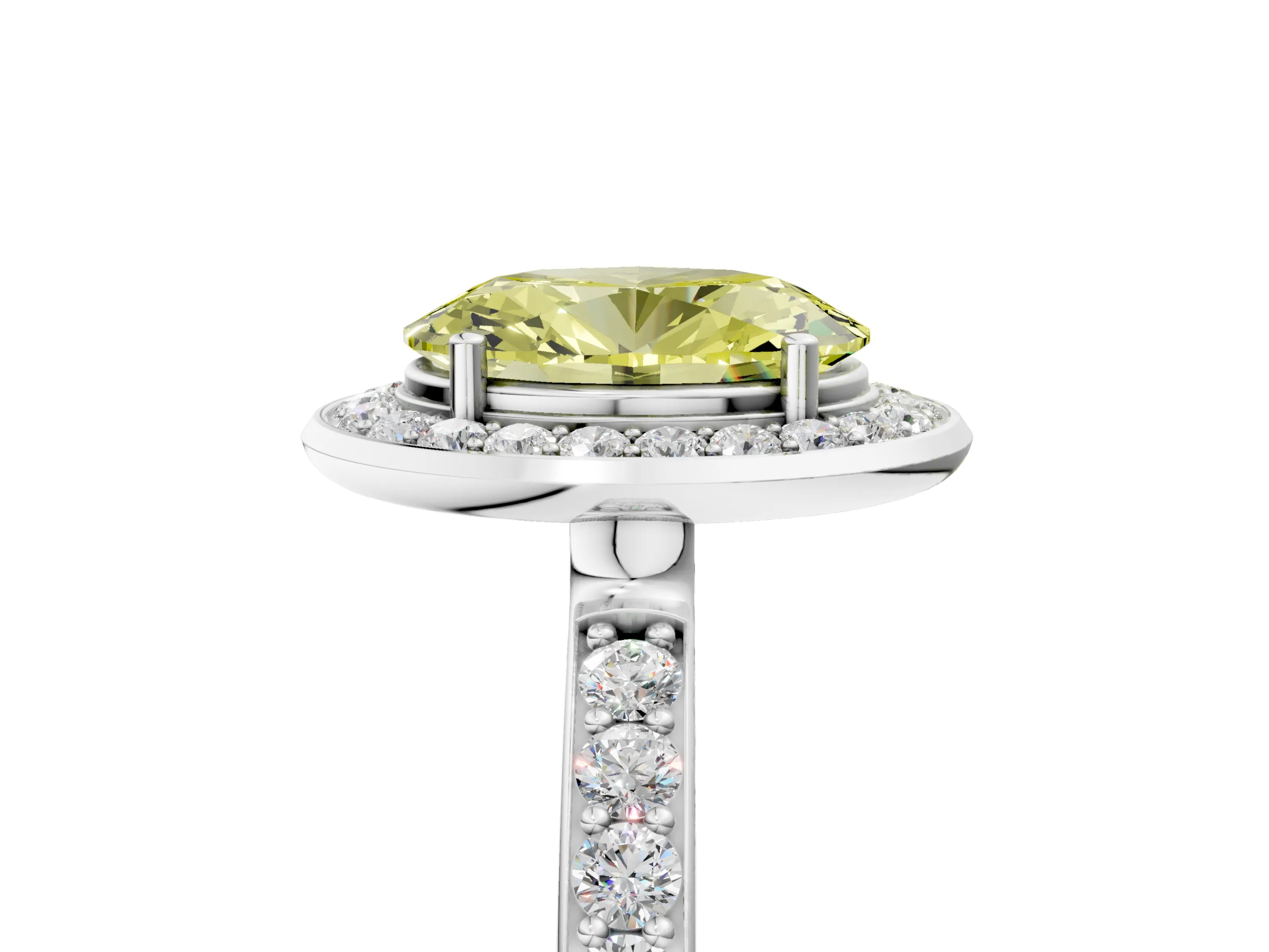 White gold Fancy Yellow Oval Cut Diamond Halo Ring with Bezel Frame and Pavé Band_5