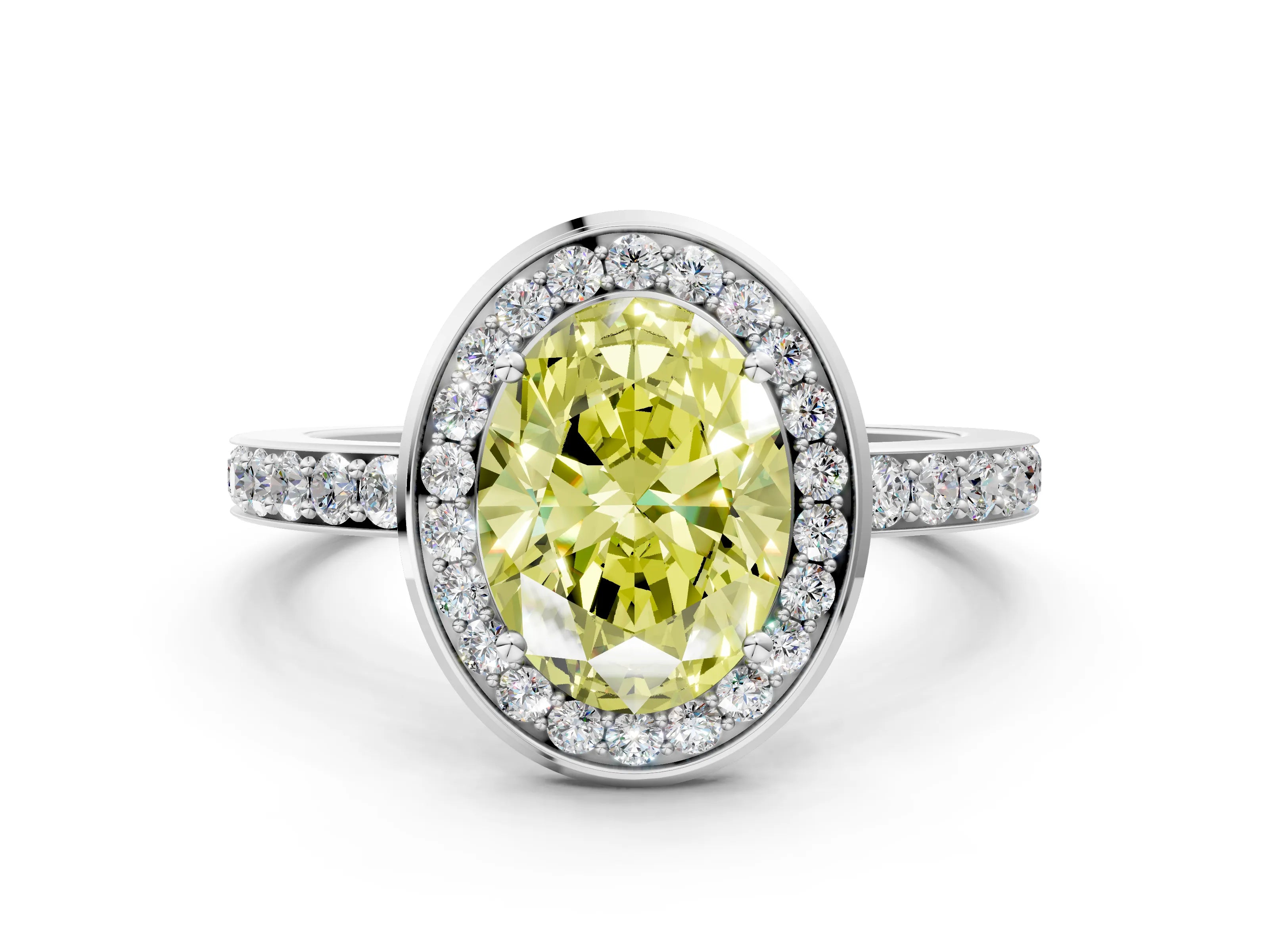 White gold Fancy Yellow Oval Cut Diamond Halo Ring with Bezel Frame and Pavé Band
