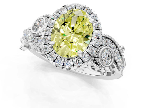 Platinum Oval Halo Engagement Ring Setting for Fancy Yellow Center with Bezel Accents