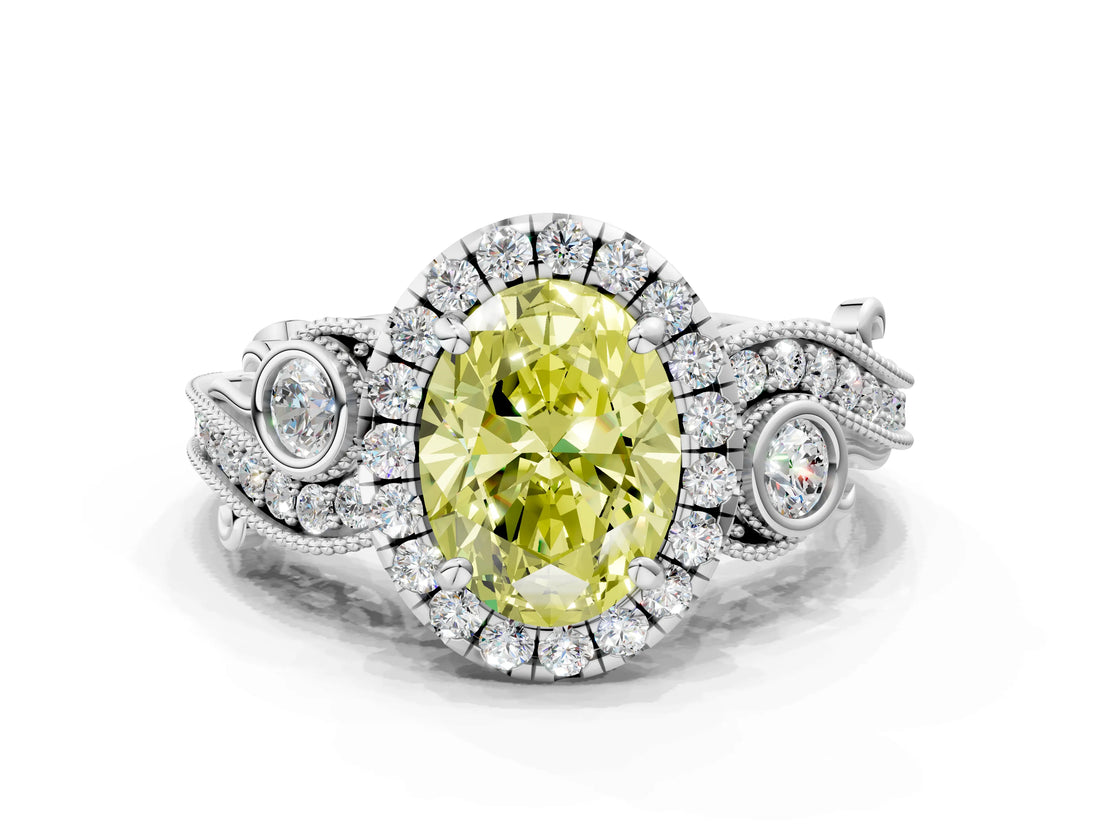 White gold Fancy Yellow Oval Cut Diamond Halo Ring with Milgrain Pavé Band and Four-Prong Setting_84