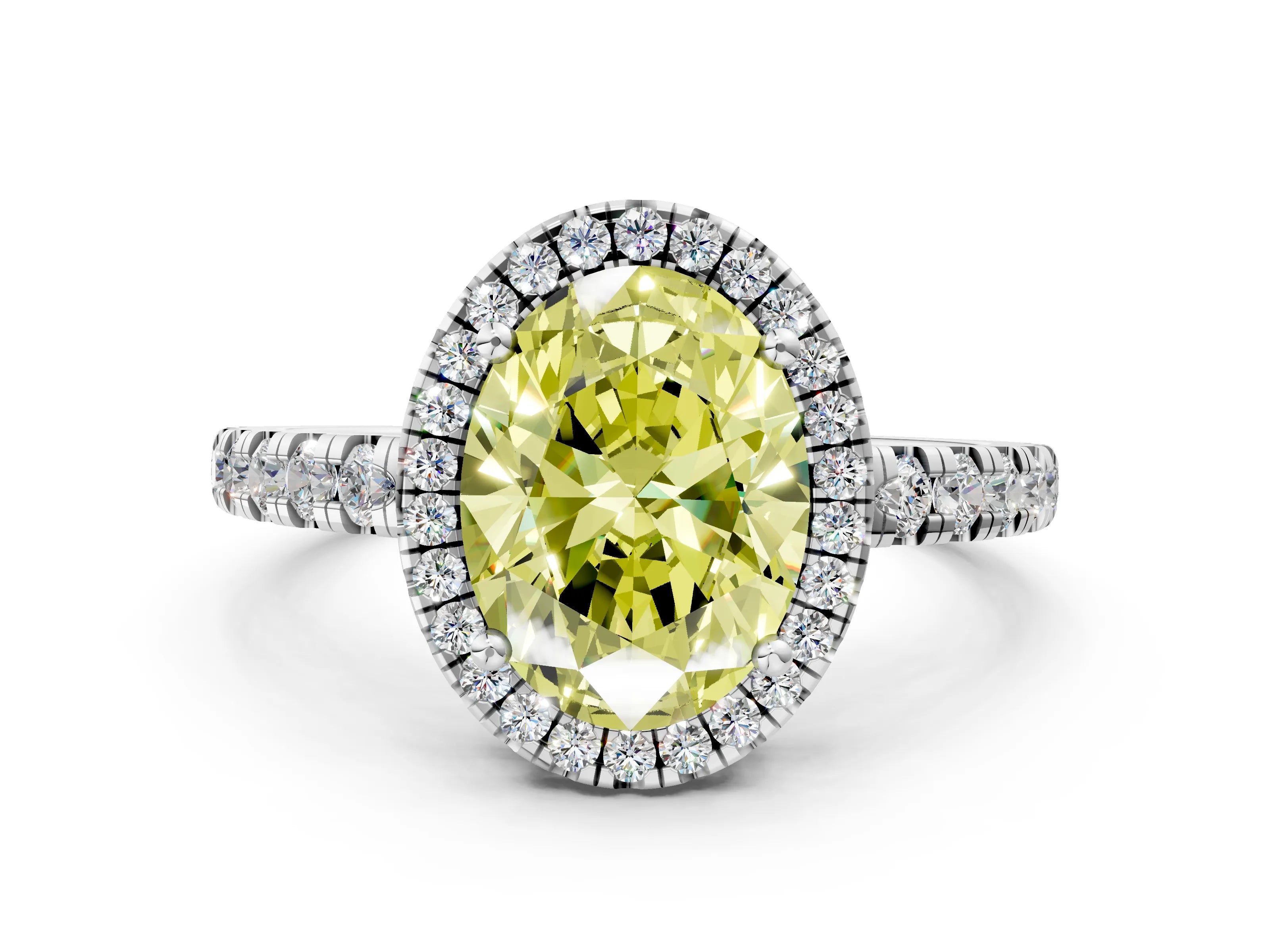 White gold Fancy Yellow Oval Cut Diamond Halo Ring with Pavé Band and Four-Prong Setting_12