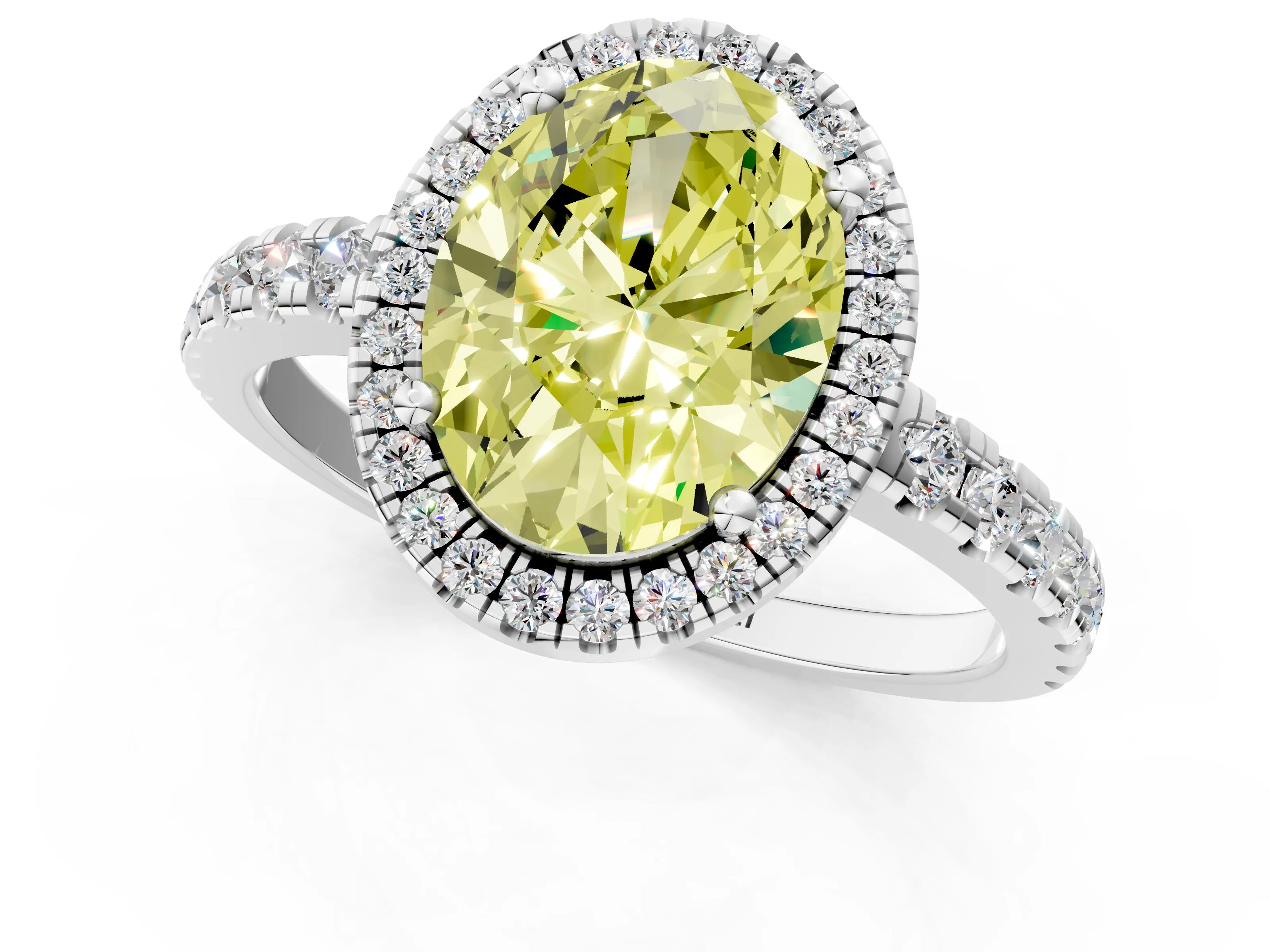White gold Fancy Yellow Oval Cut Diamond Halo Ring with Pavé Band and Four-Prong Setting_13