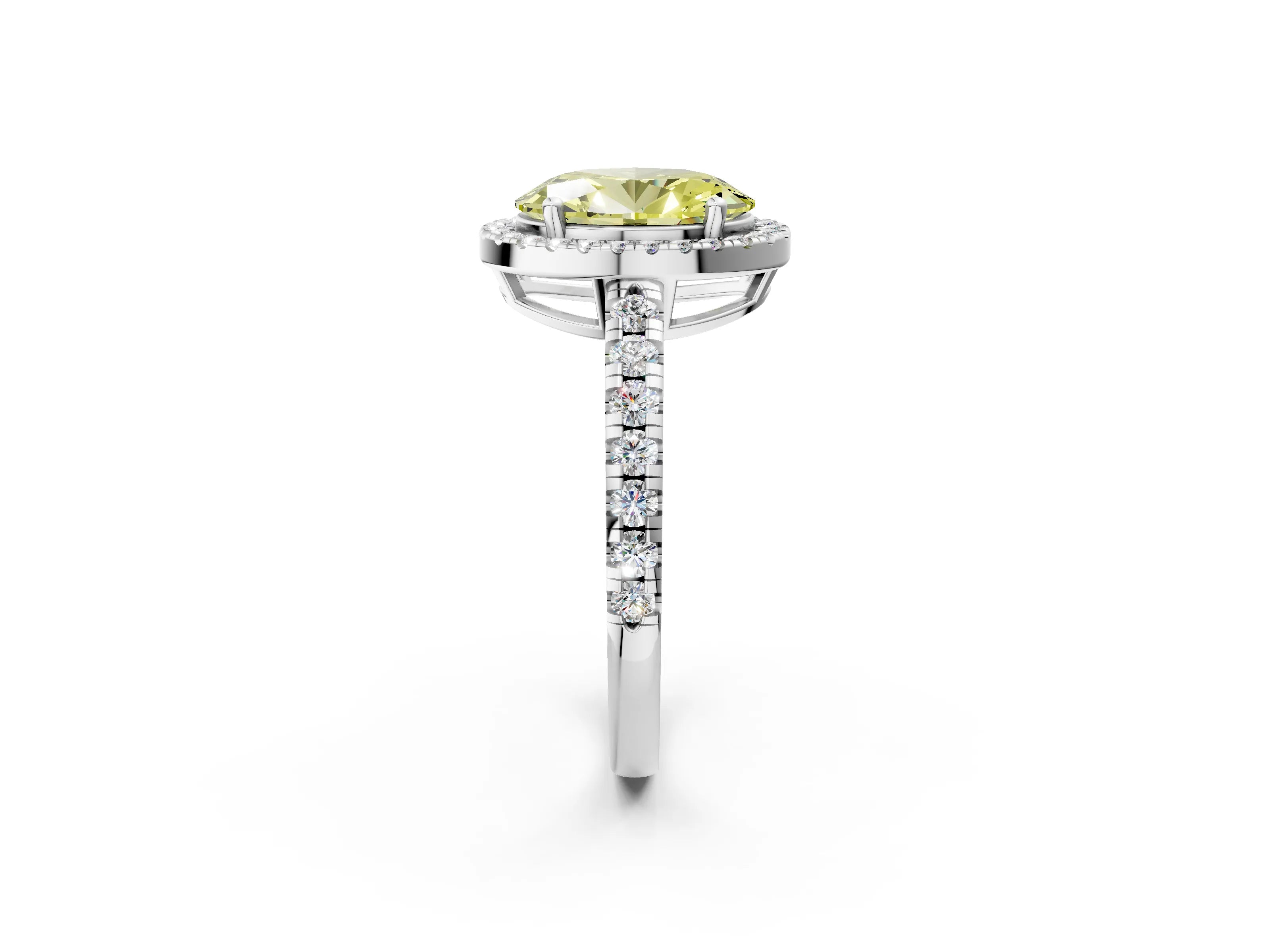 White gold Fancy Yellow Oval Cut Diamond Halo Ring with Pavé Band and Four-Prong Setting_14
