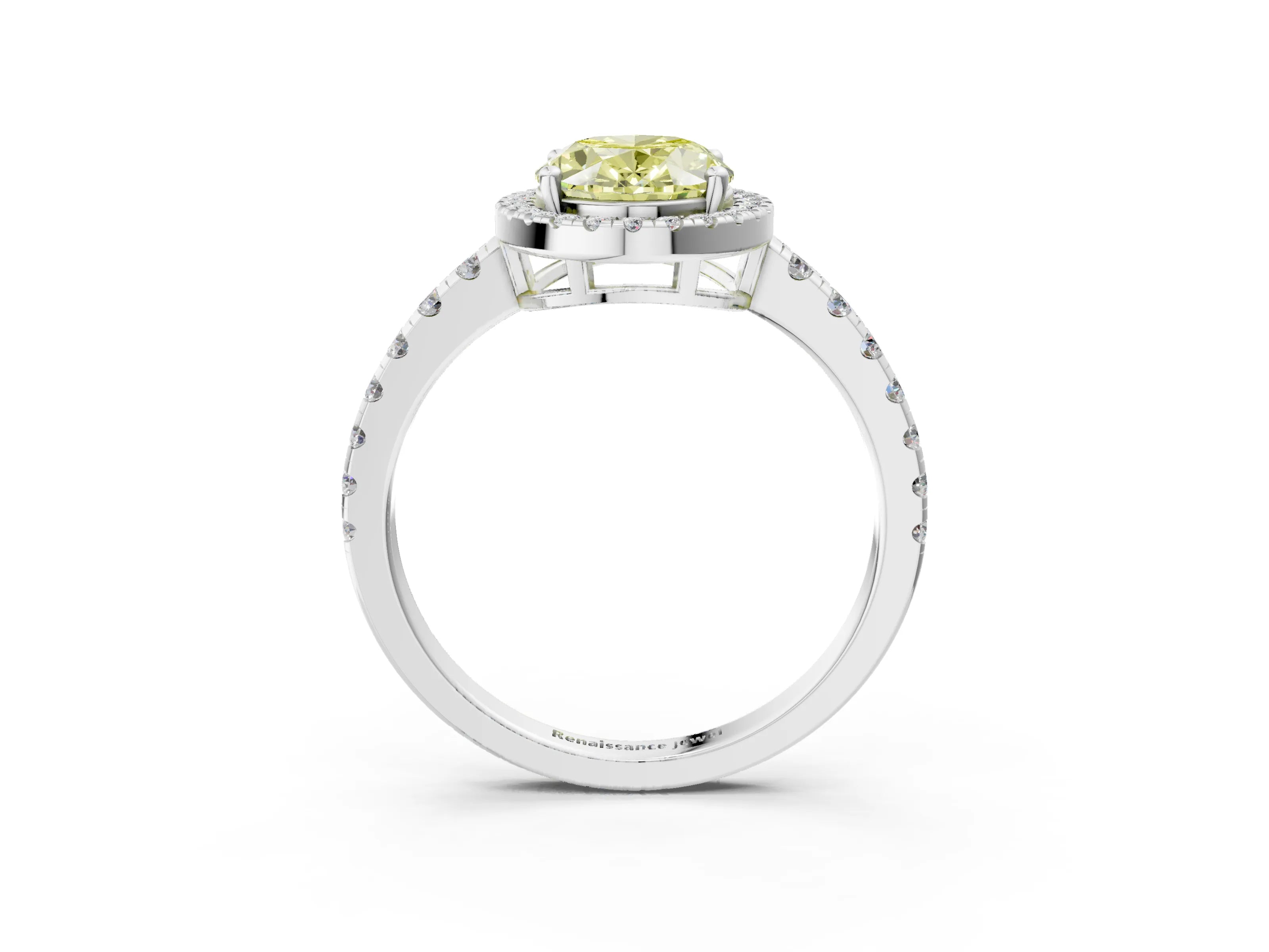 White gold Fancy Yellow Oval Cut Diamond Halo Ring with Pavé Band and Four-Prong Setting_15