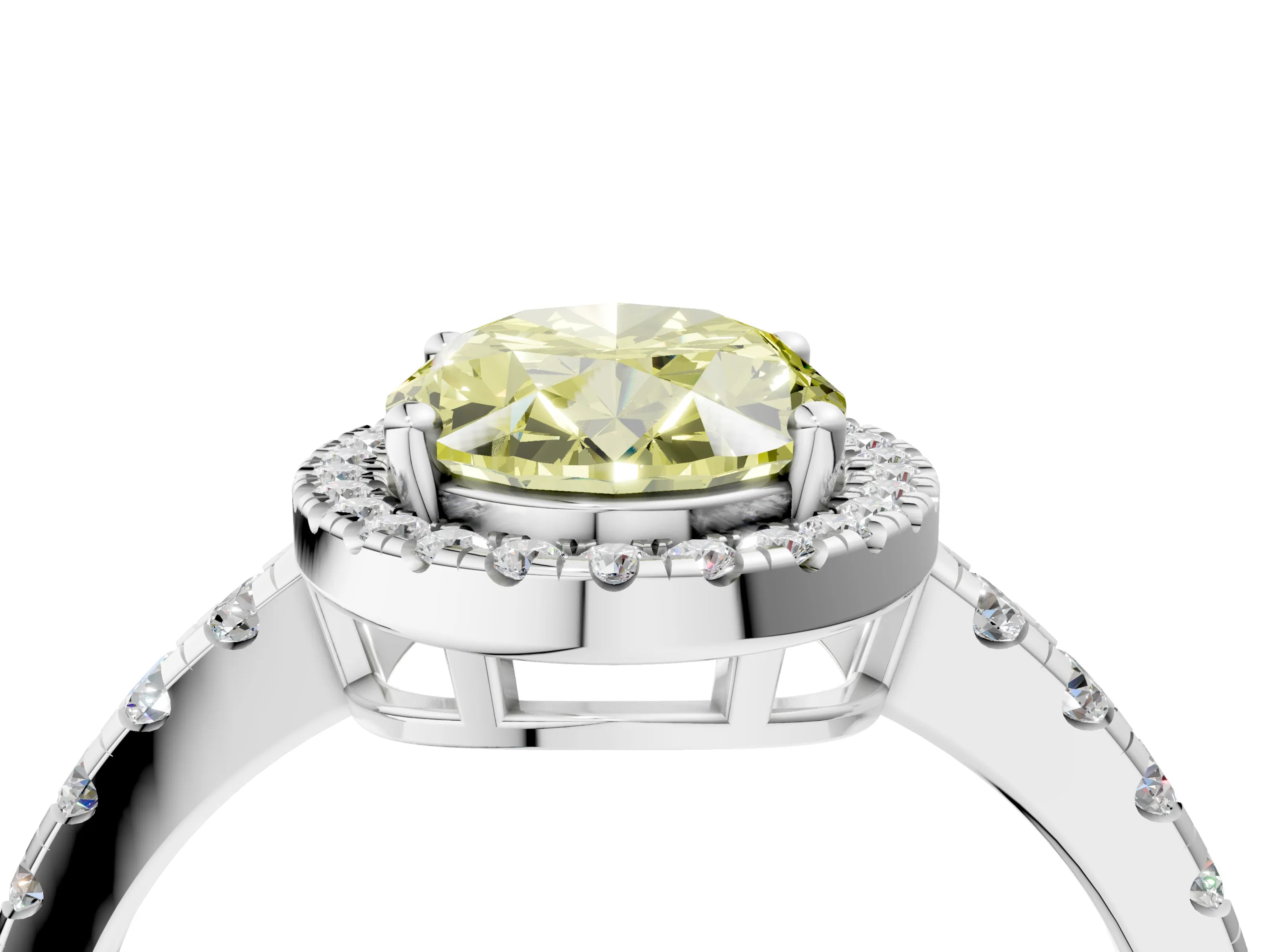 White gold Fancy Yellow Oval Cut Diamond Halo Ring with Pavé Band and Four-Prong Setting_16